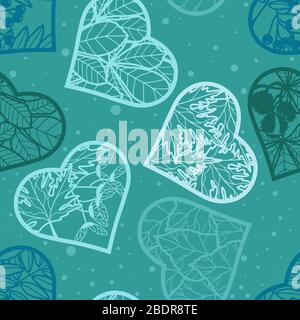 Seamless background. Leaves in the heart on a turquoise background. Vector image in contours. Silhouette of hearts with leaves Stock Vector