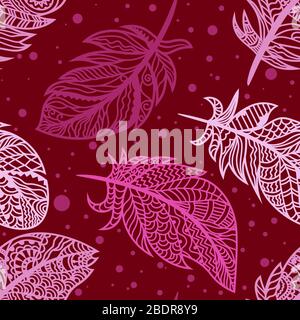 Bright colored feathers on a red background. Vector for seamless illustration Stock Vector