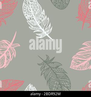 Bright colored feathers on a gray background. Vector for seamless illustration Stock Vector