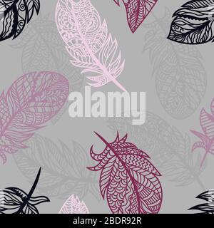 Bright colored feathers on a gray background. Vector for seamless illustration Stock Vector