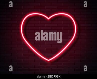 Neon Red Glowing Heart Banner on Dark Empty Grunge Brick Background. Stock Vector