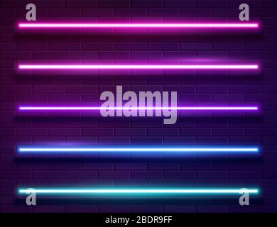Modern Neon Iridescent Glowing Lines Banner on Dark Empty Grunge Brick Background Stock Vector