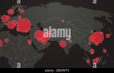 world map with location pins outbreak of coronavirus confirmed cases report worldwide globally infection epidemic MERS-CoV flu spreading floating influenza countries with Covid-19 horizontal vector illustration Stock Vector