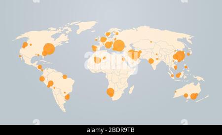 world map with location pins outbreak of coronavirus confirmed cases report worldwide globally infection epidemic MERS-CoV flu spreading floating influenza countries with Covid-19 horizontal vector illustration Stock Vector