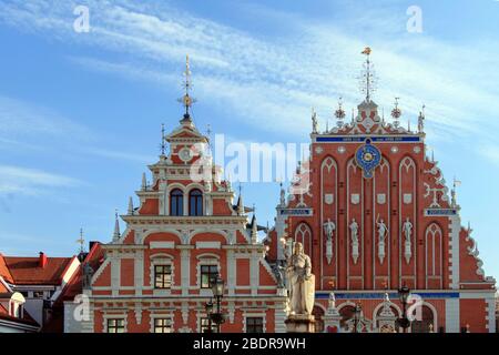 House of the Blackheads, opulent facade of building featuring various architectural styles and artistic trends, erected for the Brotherhood of Blackhe Stock Photo