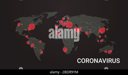 world map with location pins outbreak of coronavirus confirmed cases report worldwide globally infection epidemic MERS-CoV flu spreading floating influenza countries with Covid-19 horizontal vector illustration Stock Vector