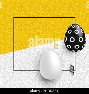 Yellow white easter banner with thin black line square and black and white eggs Stock Vector