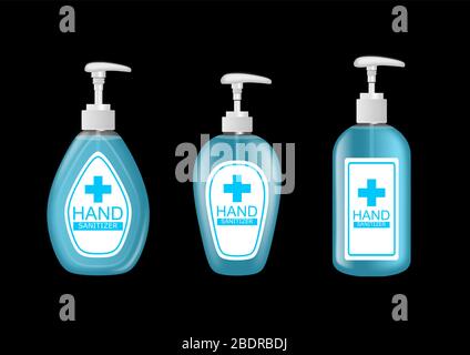 Set of hand sanitizer bottles on black background Stock Vector