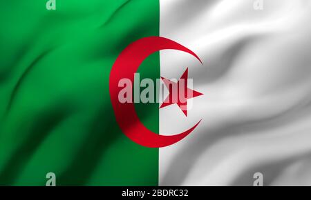 Flag of Algeria blowing in the wind. Full page Algerian flying flag. 3D illustration. Stock Photo