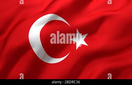 Flag of Turkey blowing in the wind. Full page Turkish flying flag. 3D illustration. Stock Photo