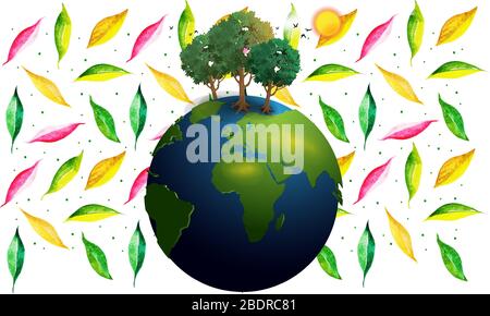 earth with green trees and sun effect on abstract leaves background Stock Vector