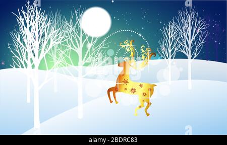golden deer is in forest snow in winter before Christmas Stock Vector