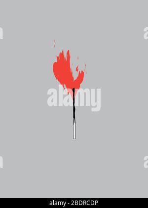 Matchstick in Flames Minimalist Design on Grey. Set on Fire Stock Vector