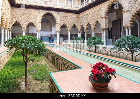 Patio de las Doncellas. The Maiden’s Courtyard.  Royal Alcazars, Seville, Seville Province, Andalusia, Spain. Stock Photo