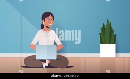 beautiful indian woman sitting lotus pose using laptop girl working from home freelance concept modern room interior horizontal full length vector illustration Stock Vector