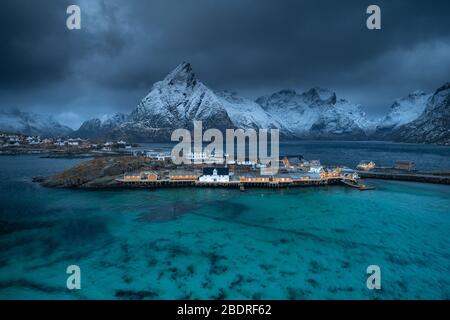 Moskenes village in Winter in Lofoten Island, Norway Stock Photo