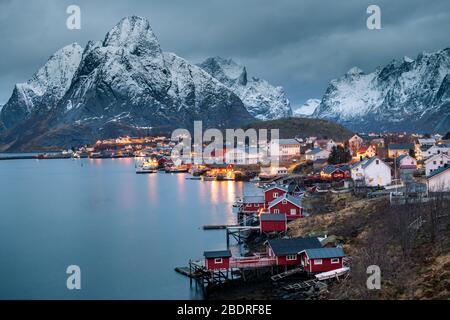 Beautiful Reine fishing village in Lofoten Islands in Winter, Norway Stock Photo