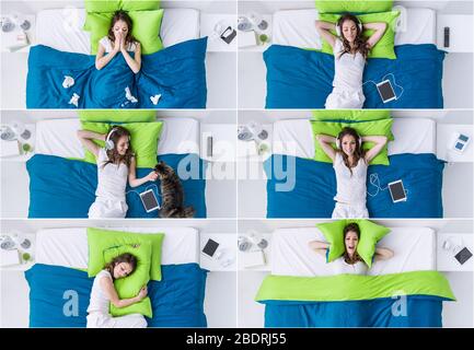 Woman in the bedroom lifestyle set, she is sleeping, listening to music, having a cold, cuddling her pet and covering her ears with a pillow, banner s Stock Photo