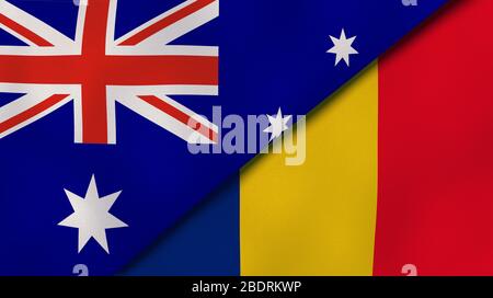 Two states flags of Australia and Romania. High quality business background. 3d illustration Stock Photo