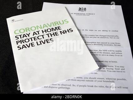 UK. A Coronavirus letter from British Prime Minister Boris Johnson has been sent to every UK household urging the public to stay home. Around 30 million UK households will receive the Covid-19 letter, along with a leaflet about Coronavirus symptoms, guidelines and awareness. UK April 6th 2020 Ref: LMK73-J6425-060420 Keith Mayhew/Landmark Media WWW.LMKMEDIA.COM