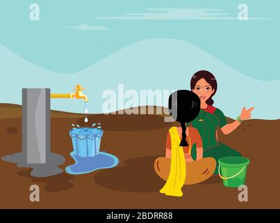 wastage of water in village for lack of awareness. wastage of water by human.water waste social concept for saving water in earth.Two women discussed Stock Vector