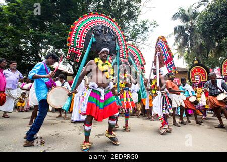 dancers of kathakali dancer,theyyam,thira,folk dancers,celebration,kerala festival,indian festival dancers,dance form india, Stock Photo