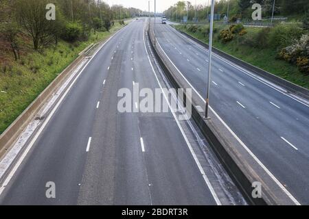 Bromsgrove, Worcestershire, UK. 9th Apr, 2020. An extraordinarily quiet M5 motorway southbound near Birmingham on the Thursday afternoon before the Easter Bank Holiday weekend, as people obey the government instructions to stay away from tourist areas and stay at home. Under normal circumstances, the southbound carriageway is busy with caravans, campervans and tourist traffic from the midlands making their way south for the weekend. Only a few cars and lorries can be seen. Credit: Peter Lopeman/Alamy Live News Stock Photo