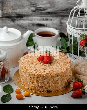 napoleone cake topped with strawberries Stock Photo