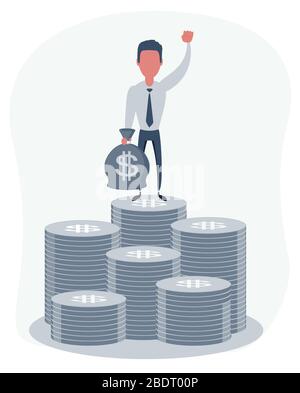 Rich businessman character hold bags full of money. Stock Vector