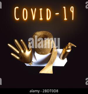 Gold glove, toilet paper and a sanitizer on a white bollard. Concept on the theme of coronavirus trends. Black background. Stock Photo