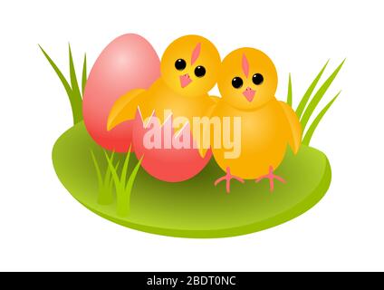 Two newborn easter chicks and pink egg on green grass scene on white Stock Photo