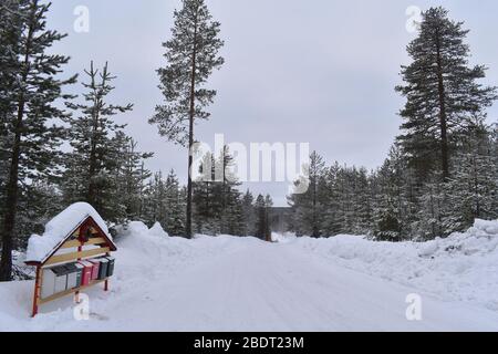 A remote snowy road in the Finnish wilderness Nordic mailboxes amongst tall evergreen pine trees Lapland is ideal destination for white winter holiday Stock Photo