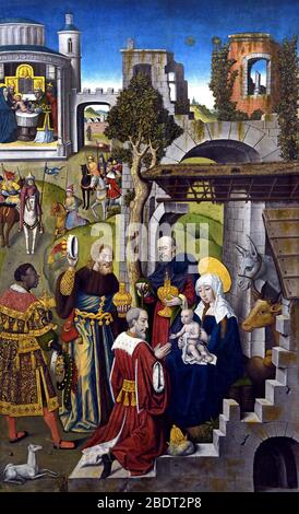 Nativity, Adoration of the Magi, Presentation in the Temple, Baptism of Christ, Entry of Christ into Jerusalem c.1500.by Master of the Monogram AH, Picardie, or the Netherlands  15th Century Stock Photo