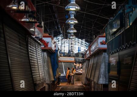 The Boqueria market is practically deserted due to the total confinement of the population in Spain. Spain is one of the countries most affected by th Stock Photo