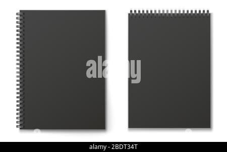 Realistic black modern vertical closed realistic spiral notepad mockup set. Stock Vector
