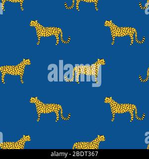 Seamless vector pattern with leopards, jaguar and cheetah. Wild African animals on a blue background. Wild cats repeating design Stock Vector