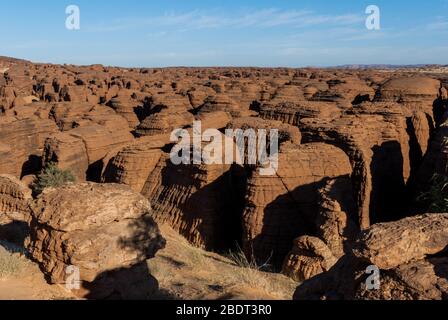 Labyrithe of rock formation called d'Oyo in Ennedi Plateau on Sahara dessert, Chad, Africa. Stock Photo