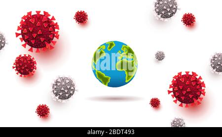 3D realistic liquid coronavirus cells with world map on a white background. Corona virus or covid 19 concept Stock Vector