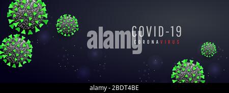 Covid-19. Coronavirus outbreak concept with 3d realistic viral cells on horizontal dark template background Stock Vector