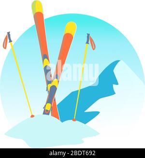 Snow skiing round illustration in cartoon style. Ski resort banner Isolated vector. Snowy mountain logo design. Winter season sport activity emblem. Ski running flat icon badge. Stock Vector
