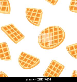 Belgian Waffle Seamless Pattern Drawing. Gold belgian dessert background. breakfast sweet cooky vector drawing tile isolated on white background. Tasty colored texture. Stock Vector
