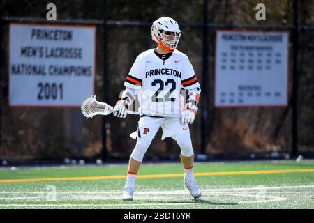 Princeton, New Jersey, USA. 29th Feb, 2020. Princeton Tigers attackman Michael Sowers #22 warms up prior to an NCAA MenÕs lacrosse game against the Johns Hopkins Blue Jays at Class of 1952 Stadium on February, 29, 2020 in Princeton, New Jersey. Princeton defeated Johns Hopkins 18-11. Rich Barnes/CSM/Alamy Live News Stock Photo
