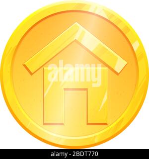 House coin gold icon on white background. Home simple metal isolated pictogram. Web sign. Geometric shape for games and apps. Real estate Vector element logo. Stock Vector