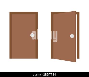 Closed and opened wooden door illustration, vector icon in flat color. Stock Vector