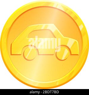 Car gold coin icon isolated on white background. Automobile metal logo for mobile app design. Travel Simple pictogram. Transport Graphic element for vector interface. Stock Vector