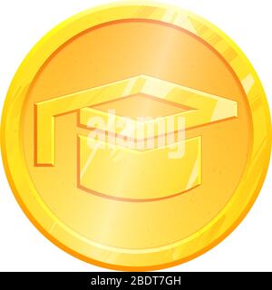 Gold coin Education vector concept. Graduation cap metal icon. Symbol achievement illustration sign isolated on white background. Graphic hat Knowledge pictogramm. Angular design of academic degree. Stock Vector