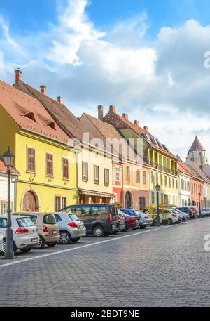 Budapest, Hungary - Nov 6, 2019: The beautiful historical buildings in Fortuna street, Fortuna utca, in the castle district. Old town of the Hungarian capital. Stock Photo