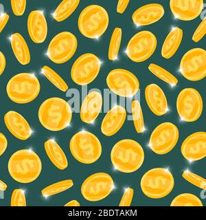 Falling 3d gold dollar money coins seamless pattern on dark background. Bingo jackpot casino poker win cash treasure concept flat eps vector illustration Stock Vector