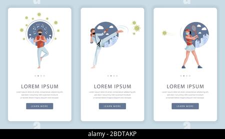 Quarantine, stop COVID-19 vector mobile app screens. Fencer, tennis player, karate man and sportsman in protective masks fighting Coronavirus and living in self isolation vector flat illustration. Stock Vector