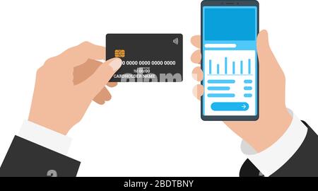 Businessman hand holding smartphone with online banking mobile app and black credit card. Buy payment process and bank account balance flat vector eps illustration Stock Vector